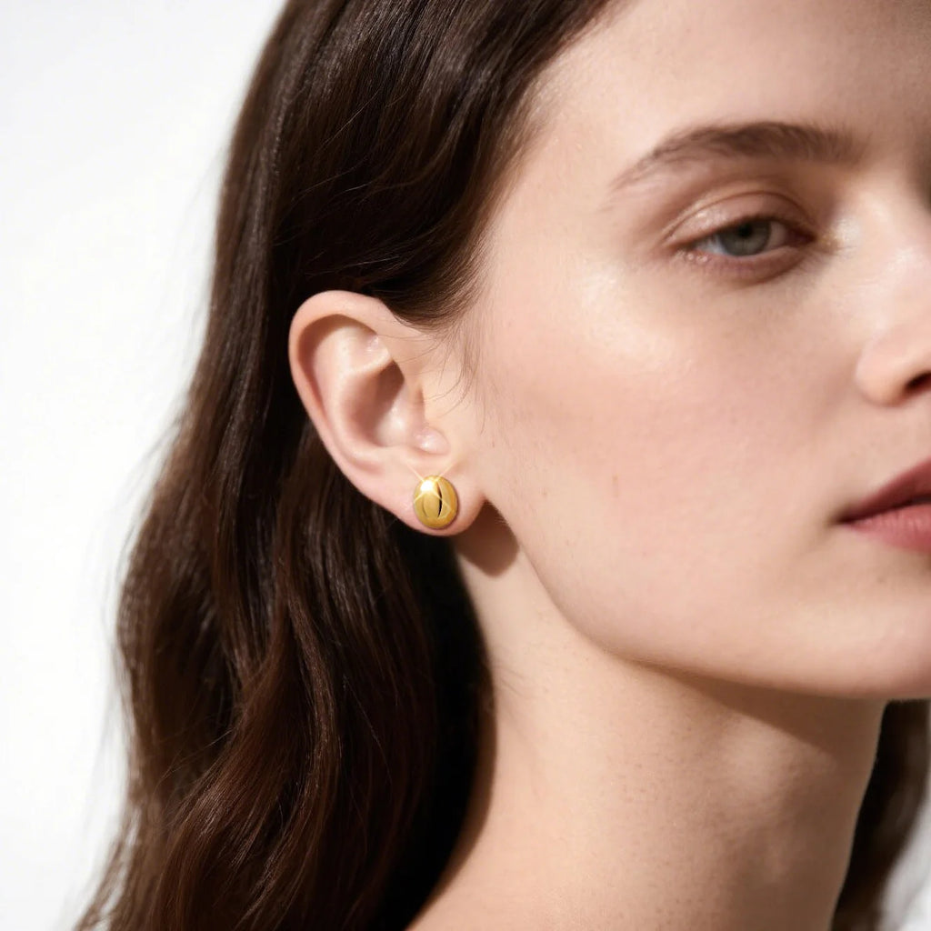 Oval Half-Ball Brushed Gold-Tone Button Earrings