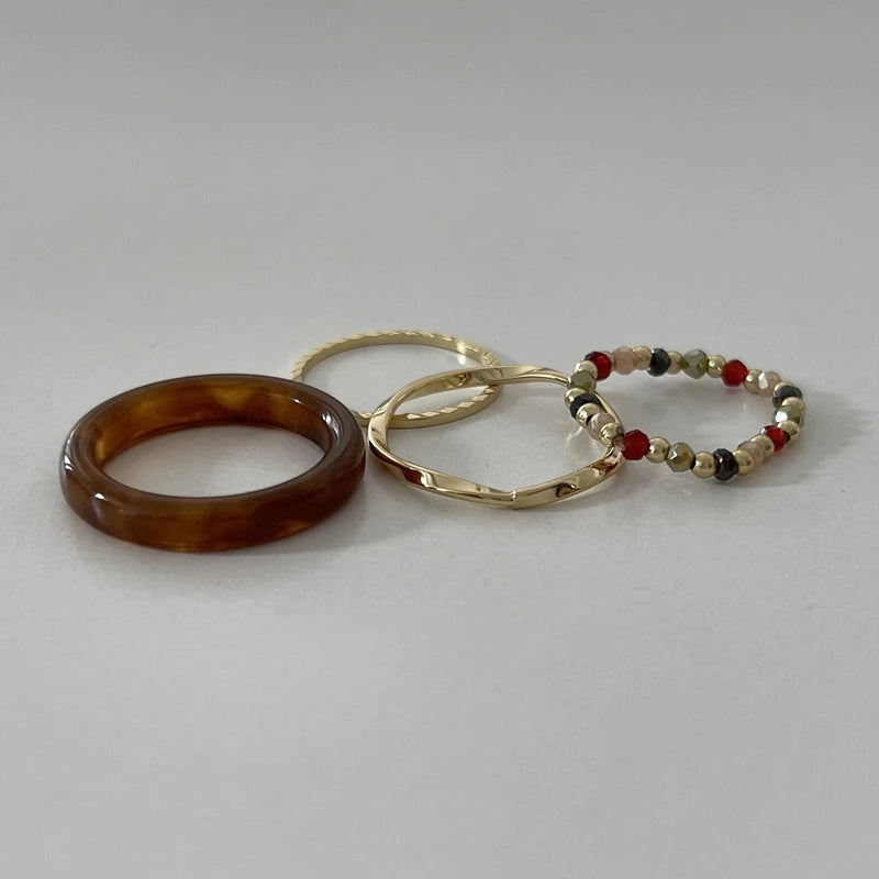 4-Piece Colorful Bead & Irregular Line Ring Set