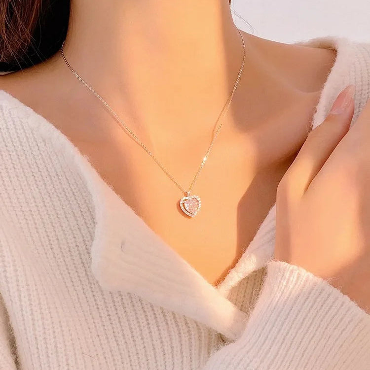 925 Sterling Silver Pink Zircon Heart Pendant Necklace