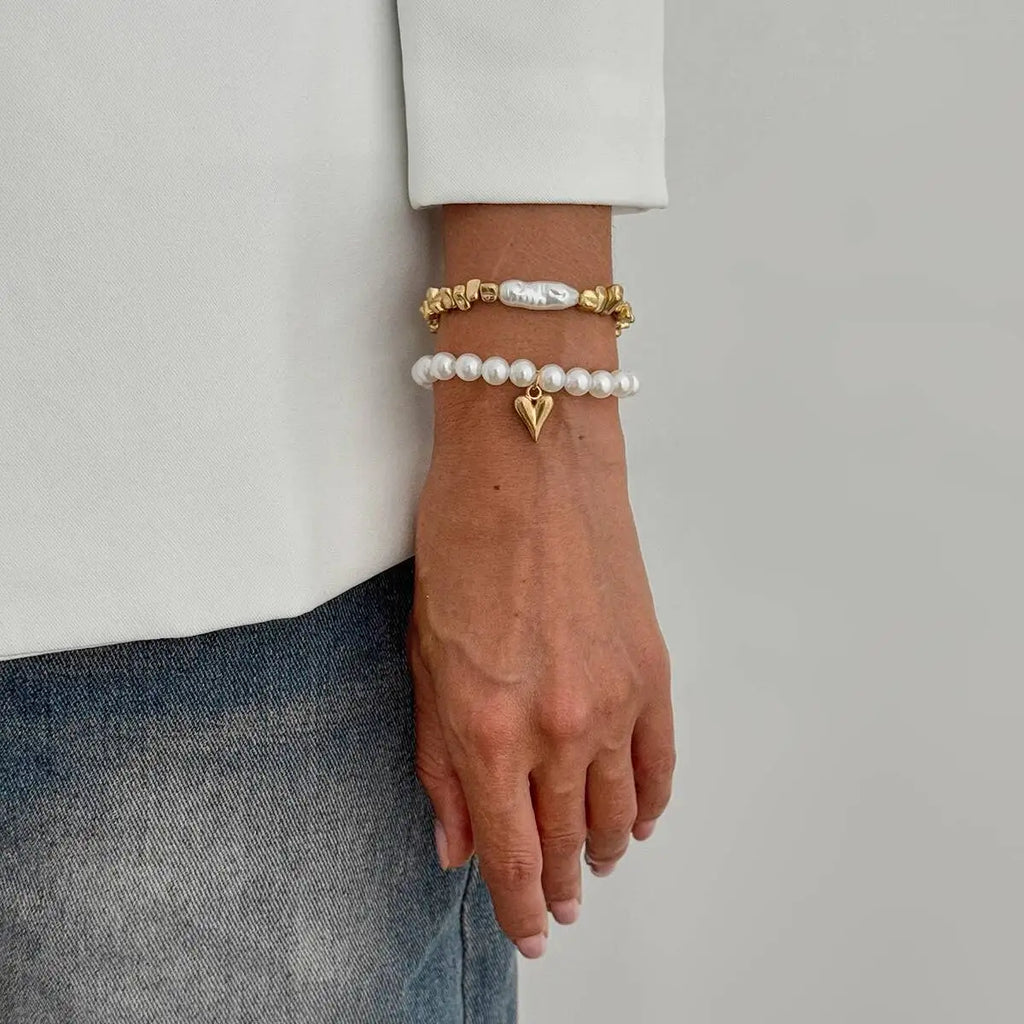 Isla Two-Piece Pearl and Heart Charm Bracelet Set