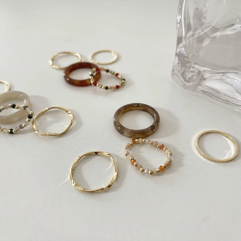 4-Piece Colorful Bead & Irregular Line Ring Set