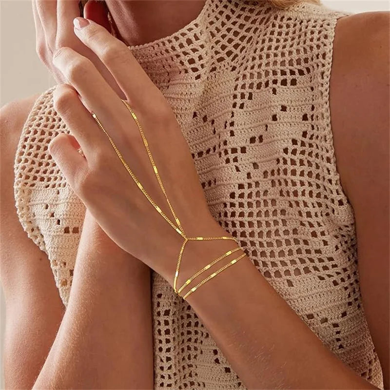 Celine Minimalist Thin Chain Connected Finger Ring Bracelet
