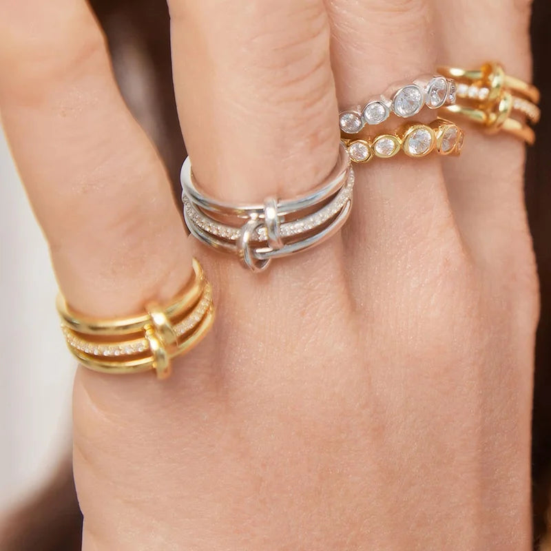 Three-Layer Interlocked Gold Zircon Stainless Steel Ring