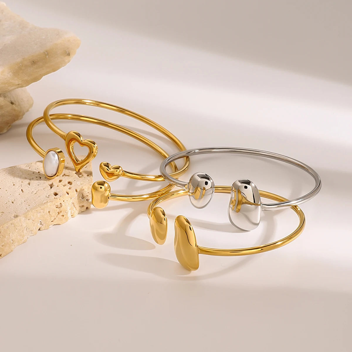 Astrid Oval Pearl and Open Heart Cuff Bangle