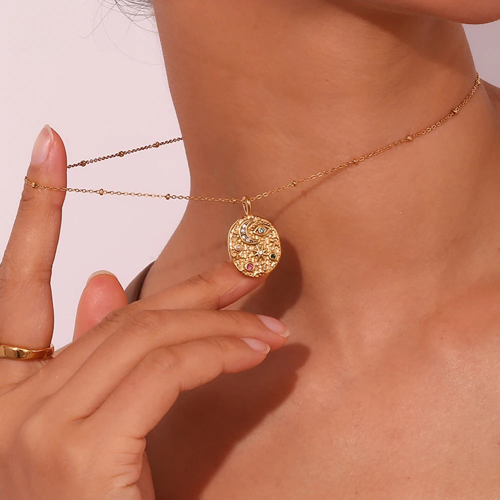 Retro Celestial Multi-Color Zircon Moon & Star Medallion Necklace
