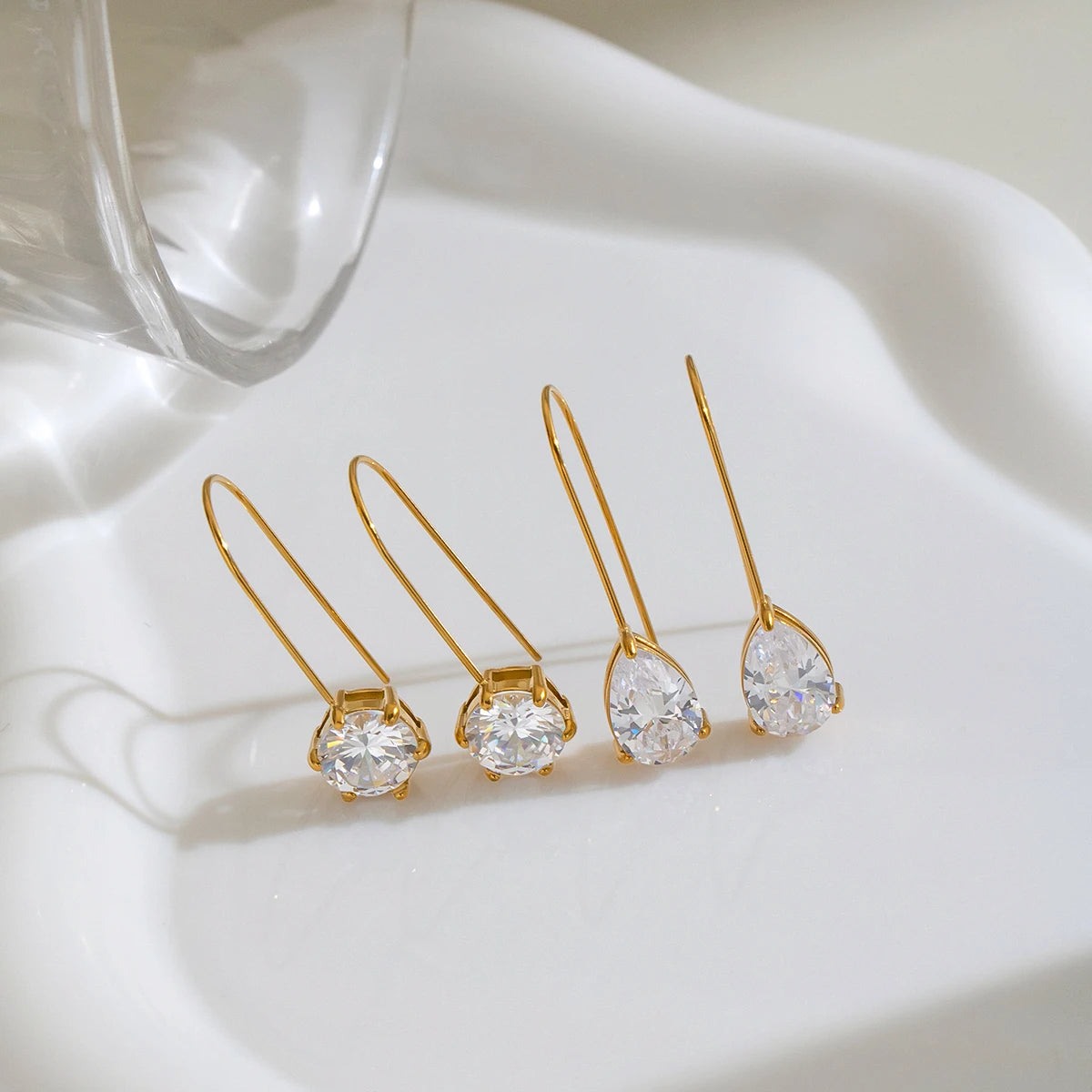 18K Gold PVD Stainless Steel Water Drop Zircon Wire Earrings