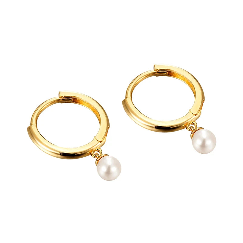 925 Silver Needle Pearl Huggie Hoop Earrings