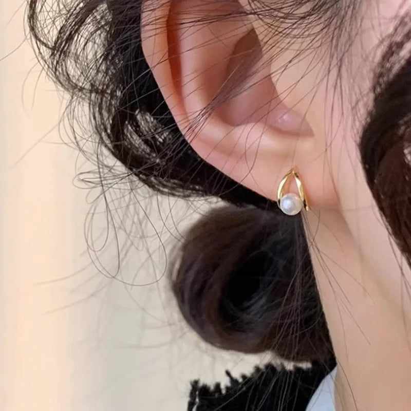 925 Silver Needle Pearl Huggie Hoop Earrings