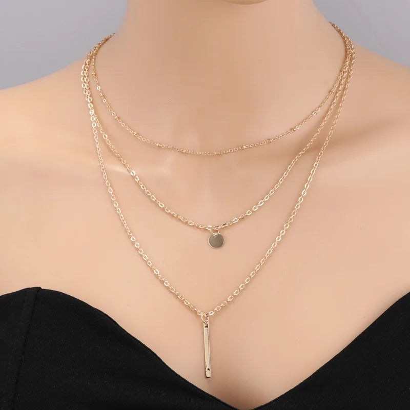Triple Tier Gold Hollow Triangle Drop Necklace