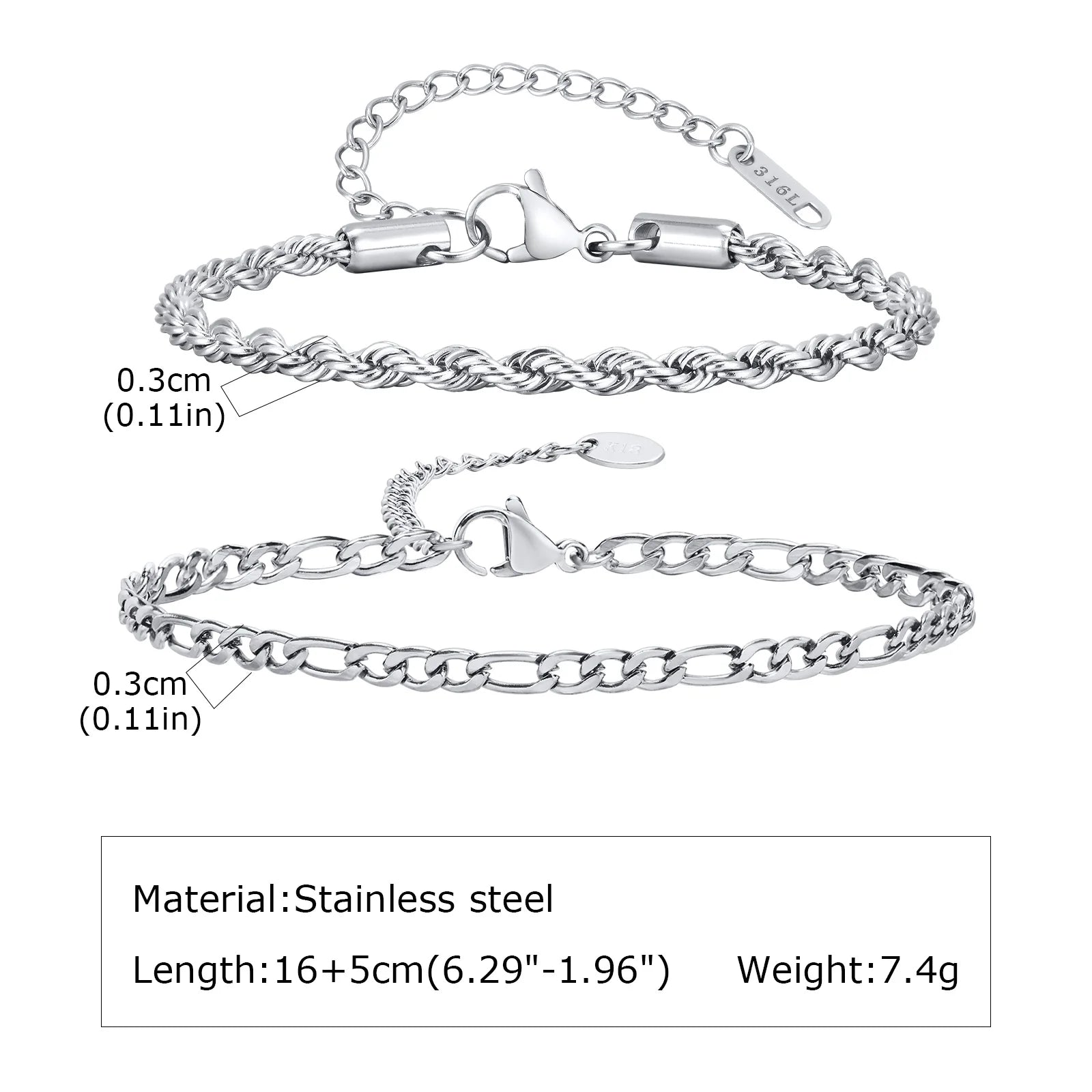 Nexus Stainless Steel Cuban and Rope Chain Bracelet Set