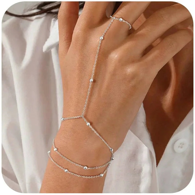 Celine Minimalist Thin Chain Connected Finger Ring Bracelet