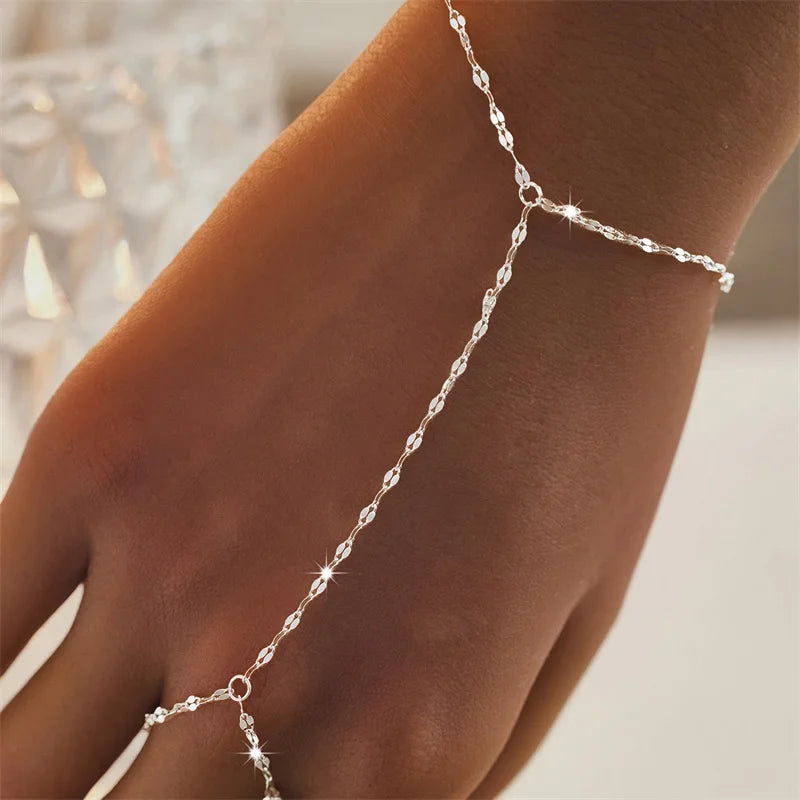 Celine Minimalist Thin Chain Connected Finger Ring Bracelet