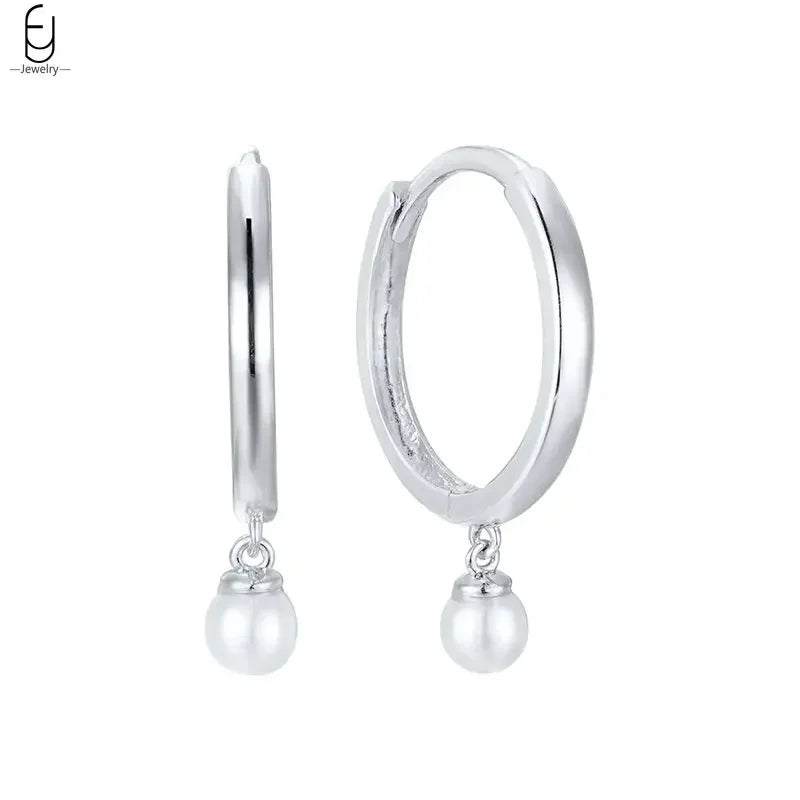 925 Silver Needle Pearl Huggie Hoop Earrings