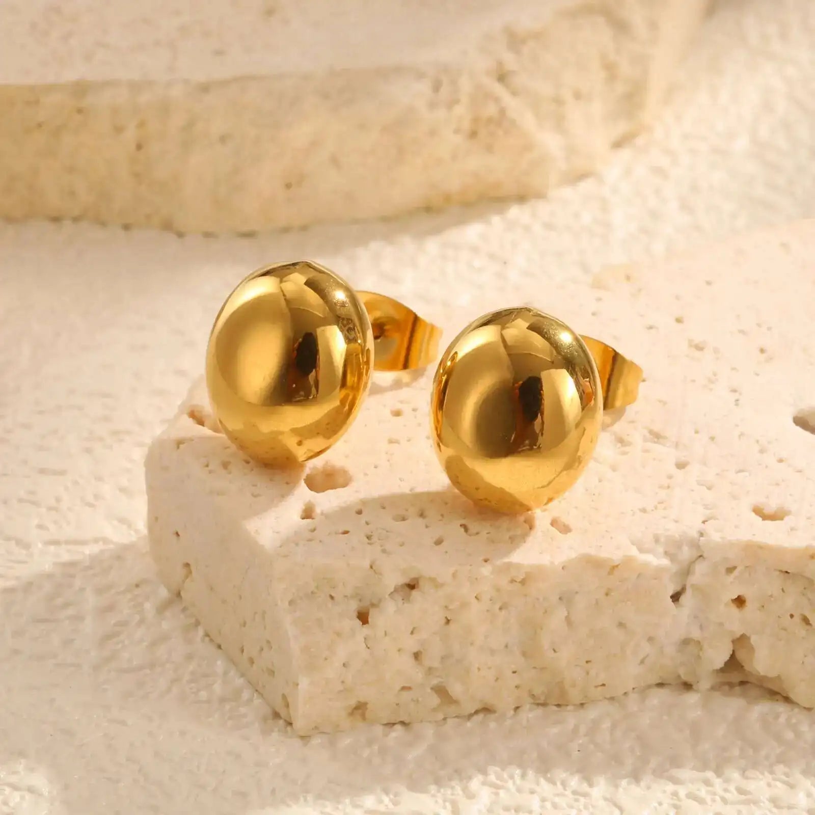 Oval Half-Ball Brushed Gold-Tone Button Earrings