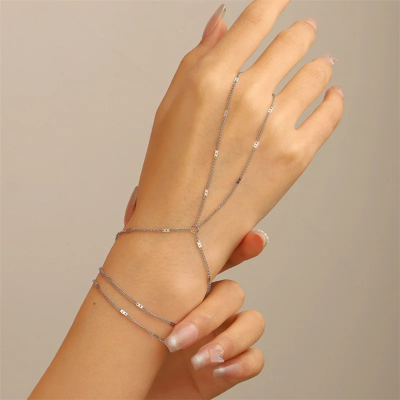Celine Minimalist Thin Chain Connected Finger Ring Bracelet