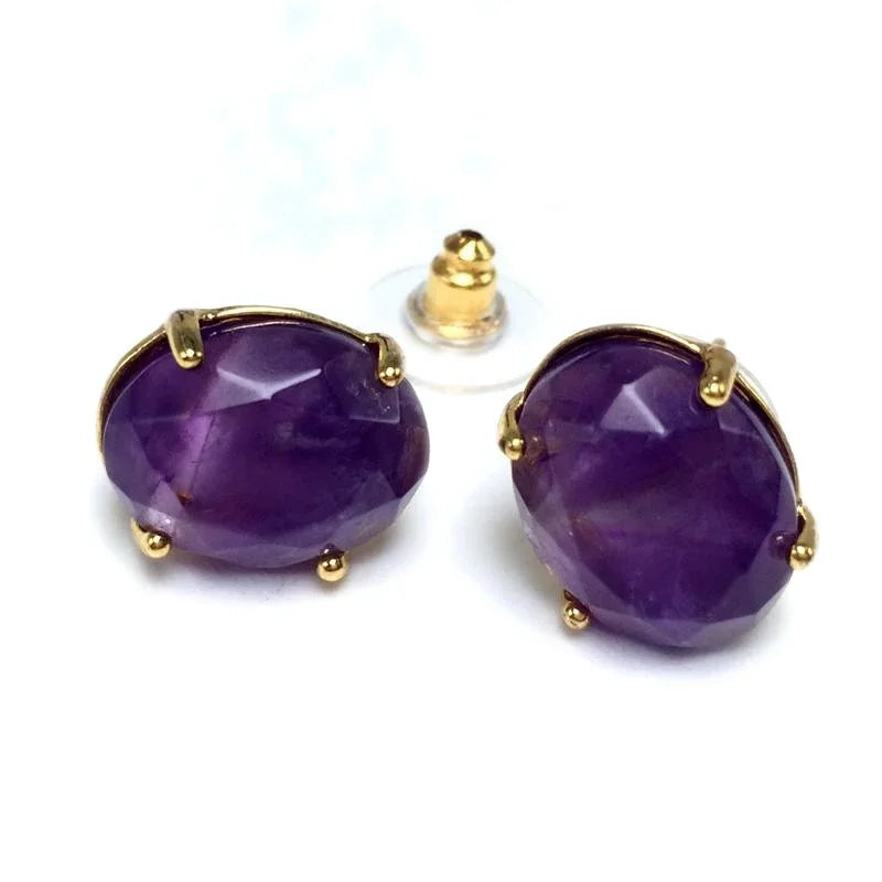 Gold Oval Faceted Natural Stone Stud Earrings