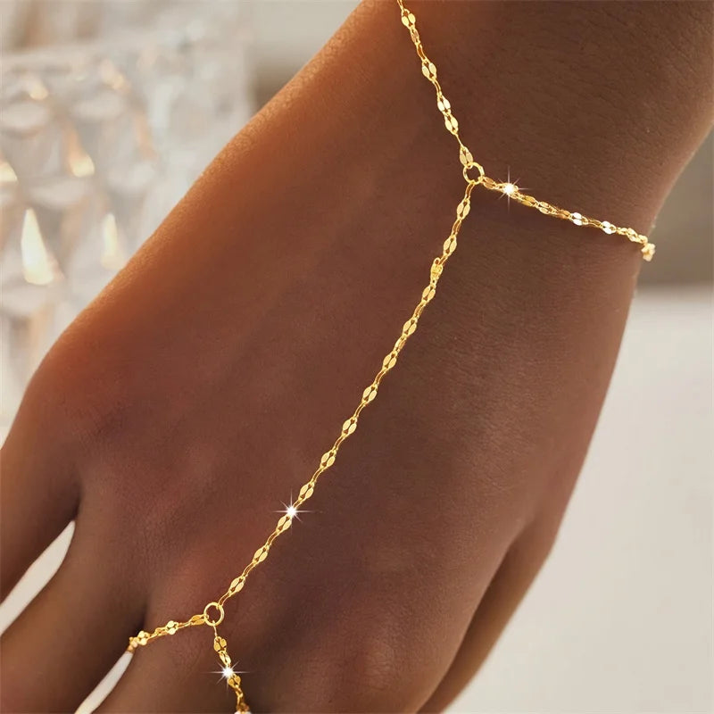Celine Minimalist Thin Chain Connected Finger Ring Bracelet