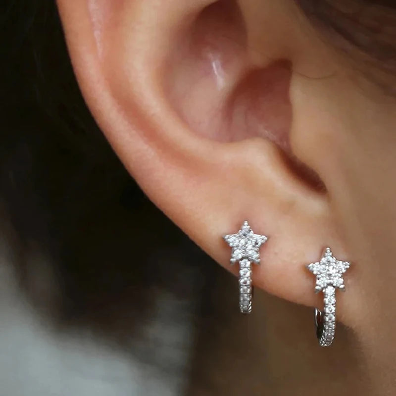 Dazzling CZ Star Charm Silver-Tone Hoop Earrings
