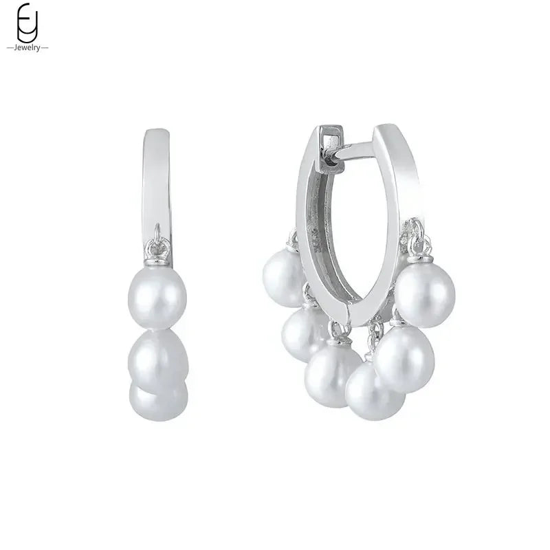 925 Silver Needle Pearl Huggie Hoop Earrings