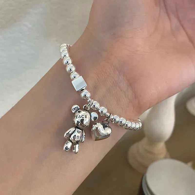 Orla Silver Bead Bracelet with Bear Charm