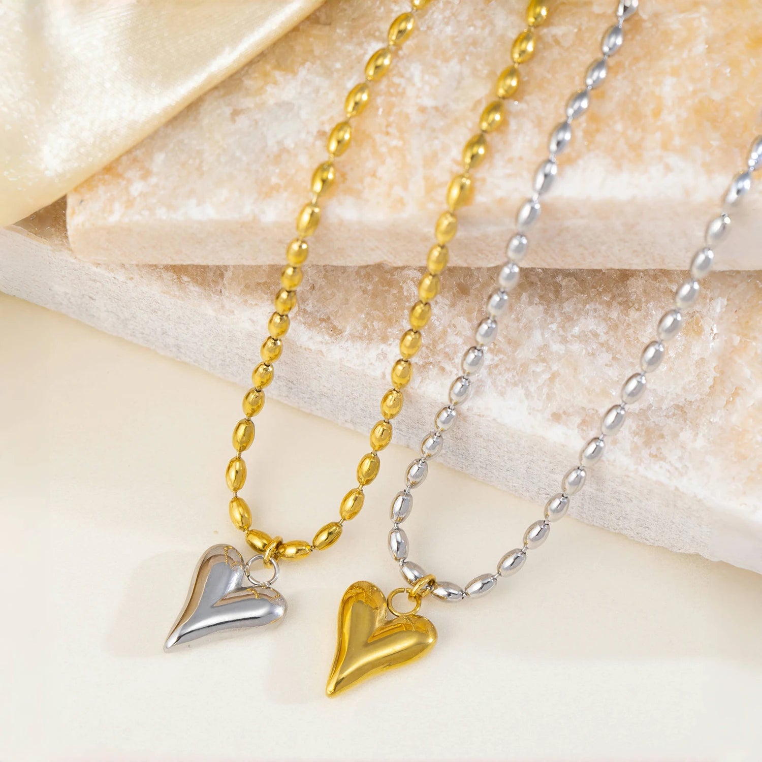 18K Gold Plated Stainless Steel Heart Bead Chain Necklace