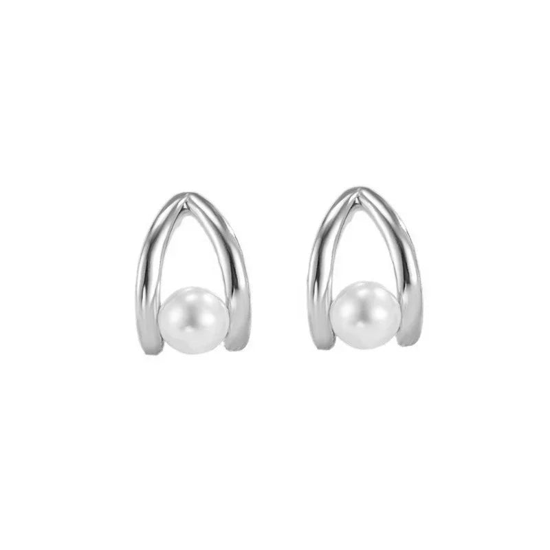 925 Silver Needle Pearl Huggie Hoop Earrings
