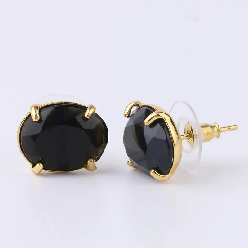 Gold Oval Faceted Natural Stone Stud Earrings