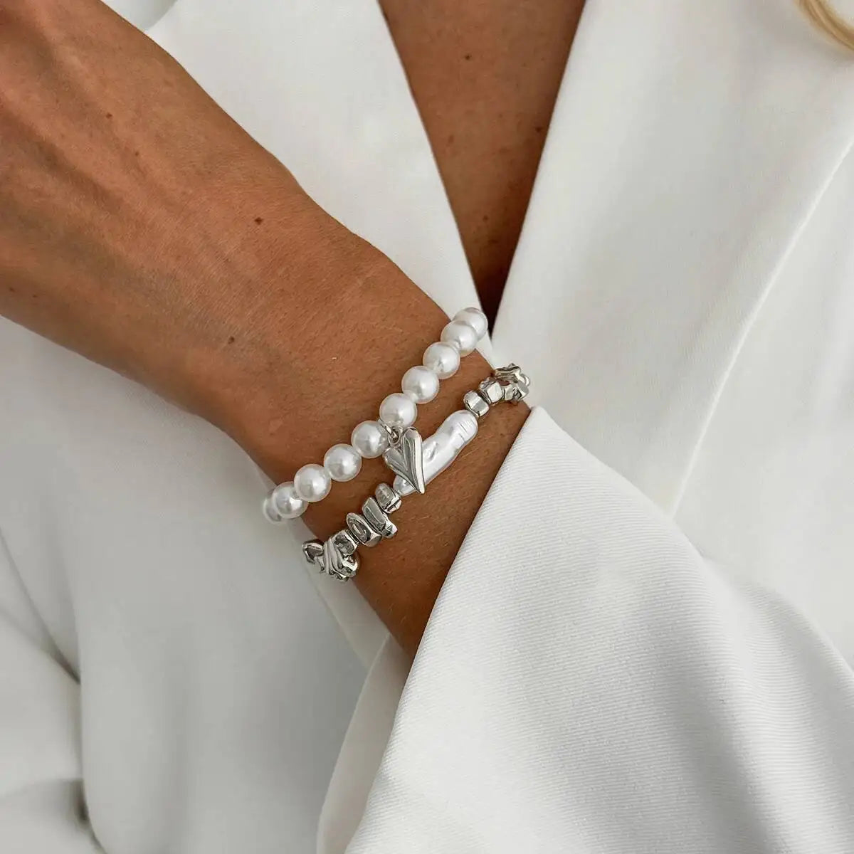 Isla Two-Piece Pearl and Heart Charm Bracelet Set