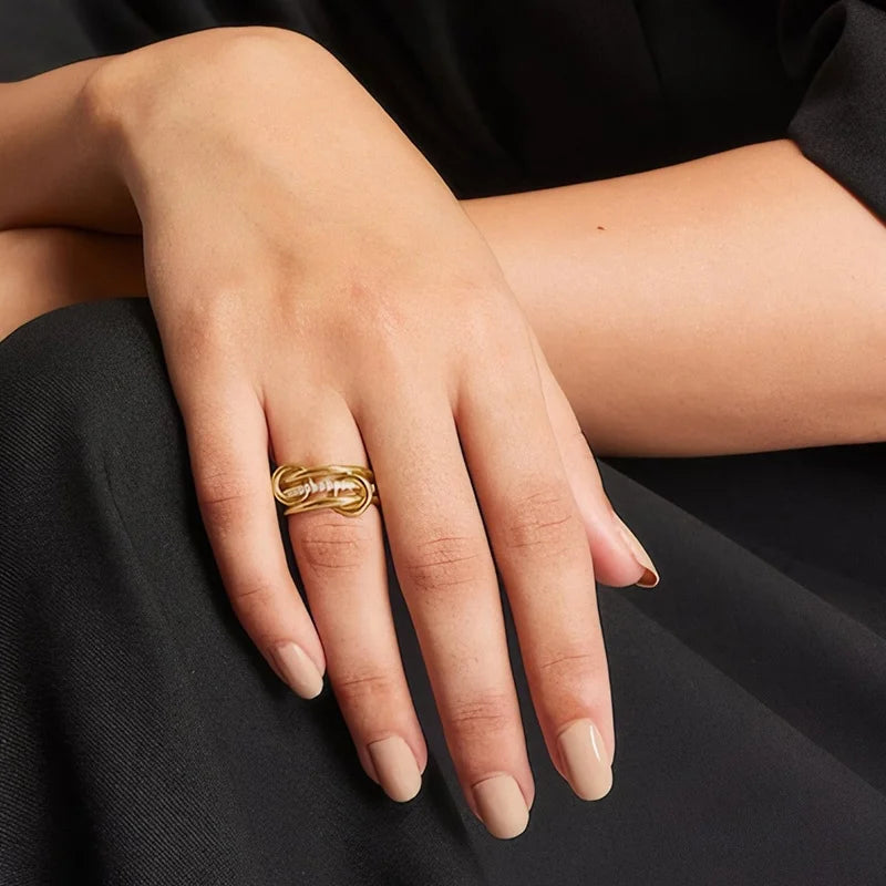 Three-Layer Interlocked Gold Zircon Stainless Steel Ring