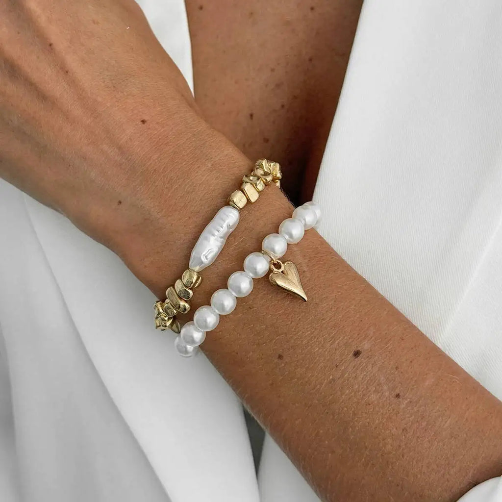 Isla Two-Piece Pearl and Heart Charm Bracelet Set
