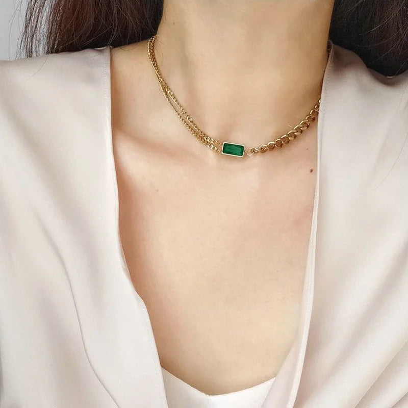 Vintage Gold Green Zircon Asymmetry Charm Necklace