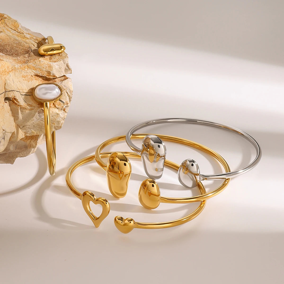 Astrid Oval Pearl and Open Heart Cuff Bangle