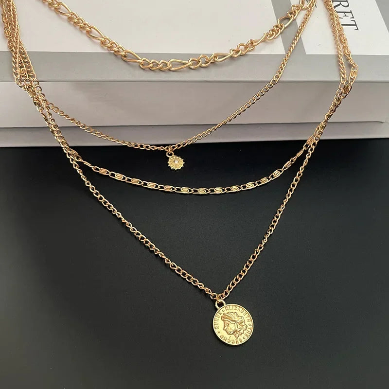 Three-Layer Coin Disc Bead Chain Necklace