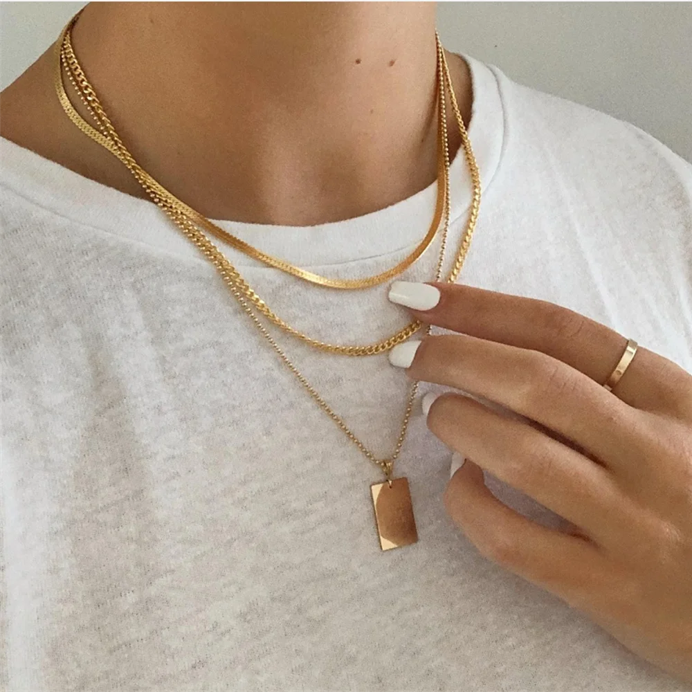 Vintage Geometric Crystal Multi-Tier Snake Chain Necklace
