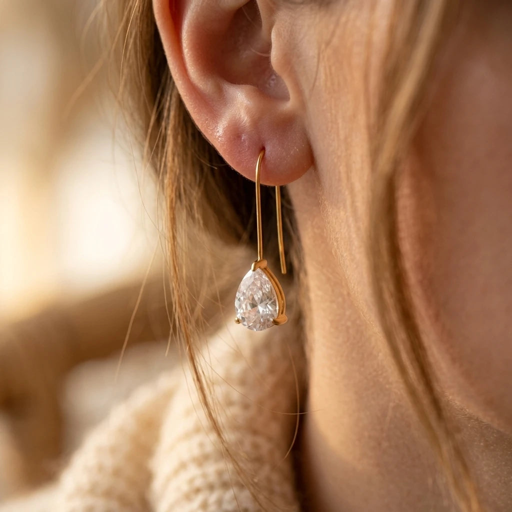 18K Gold PVD Stainless Steel Water Drop Zircon Wire Earrings
