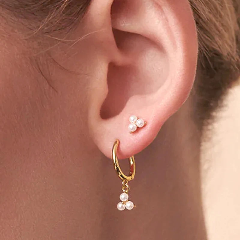 925 Silver Needle Pearl Huggie Hoop Earrings