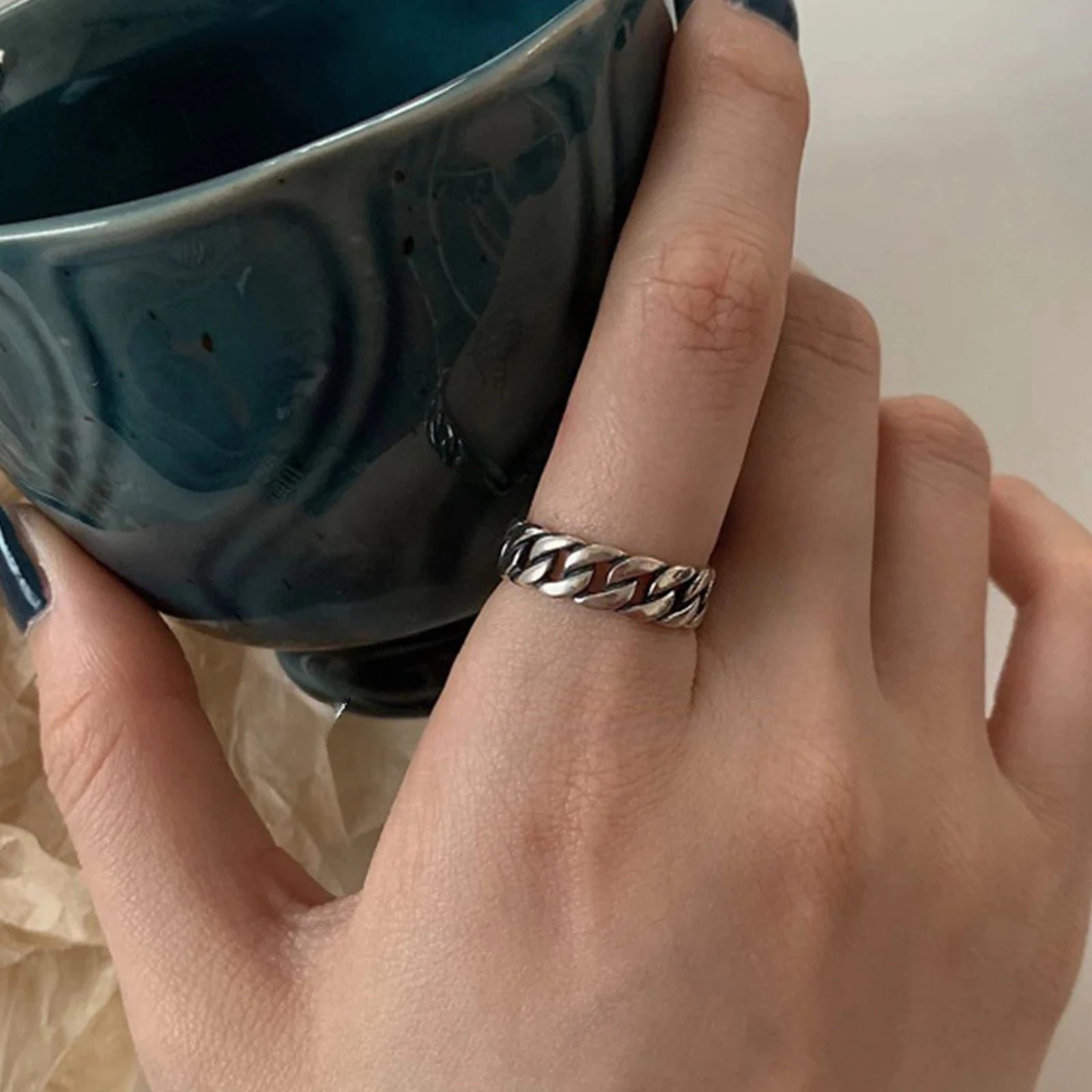 Geometric Cross Hollow Chain 925 Sterling Silver Ring