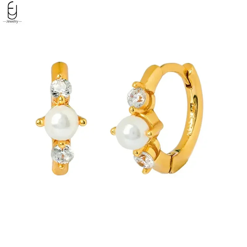 925 Silver Needle Pearl Huggie Hoop Earrings