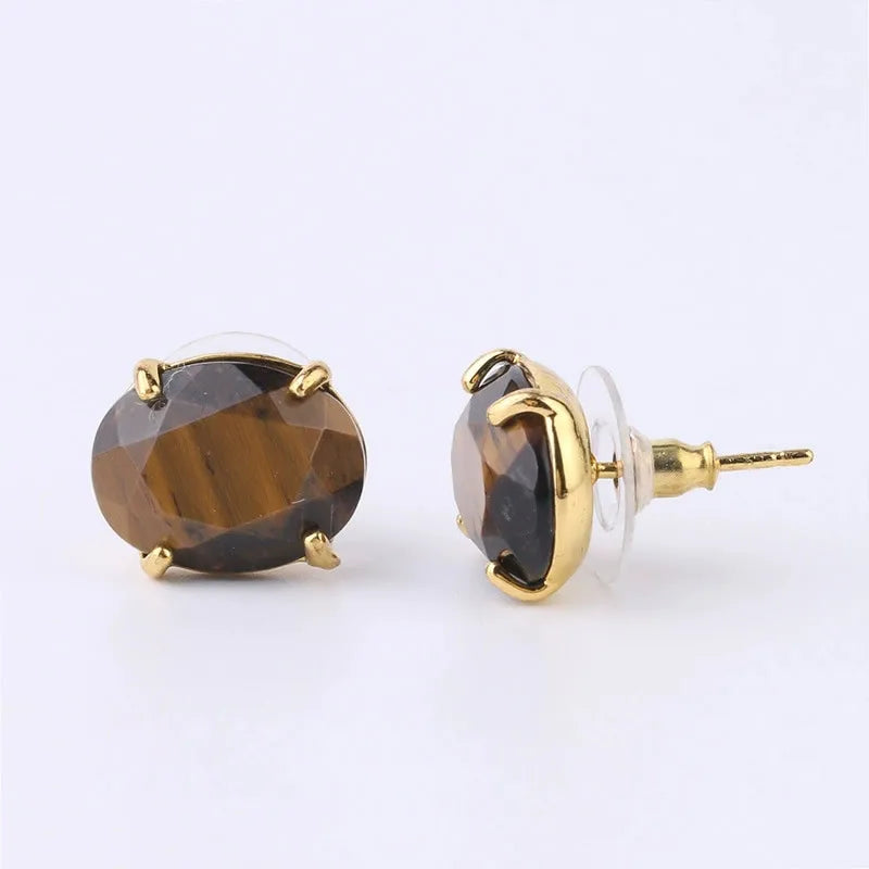 Gold Oval Faceted Natural Stone Stud Earrings