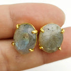 Gold Oval Faceted Natural Stone Stud Earrings