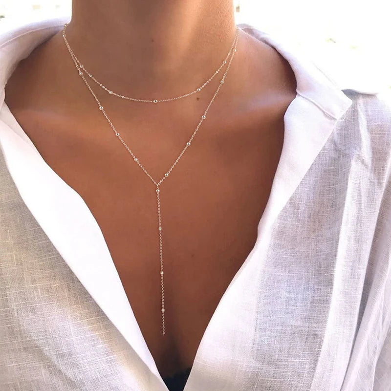 14K Gold Plated Stainless Steel Y-Shaped CZ Necklace