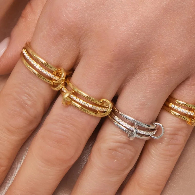 Three-Layer Interlocked Gold Zircon Stainless Steel Ring