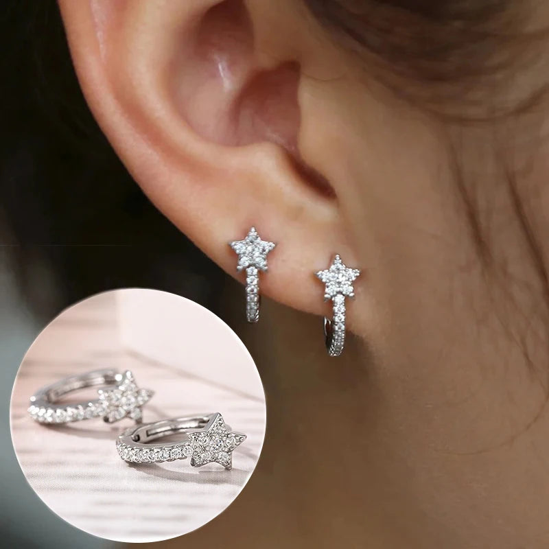 Dazzling CZ Star Charm Silver-Tone Hoop Earrings