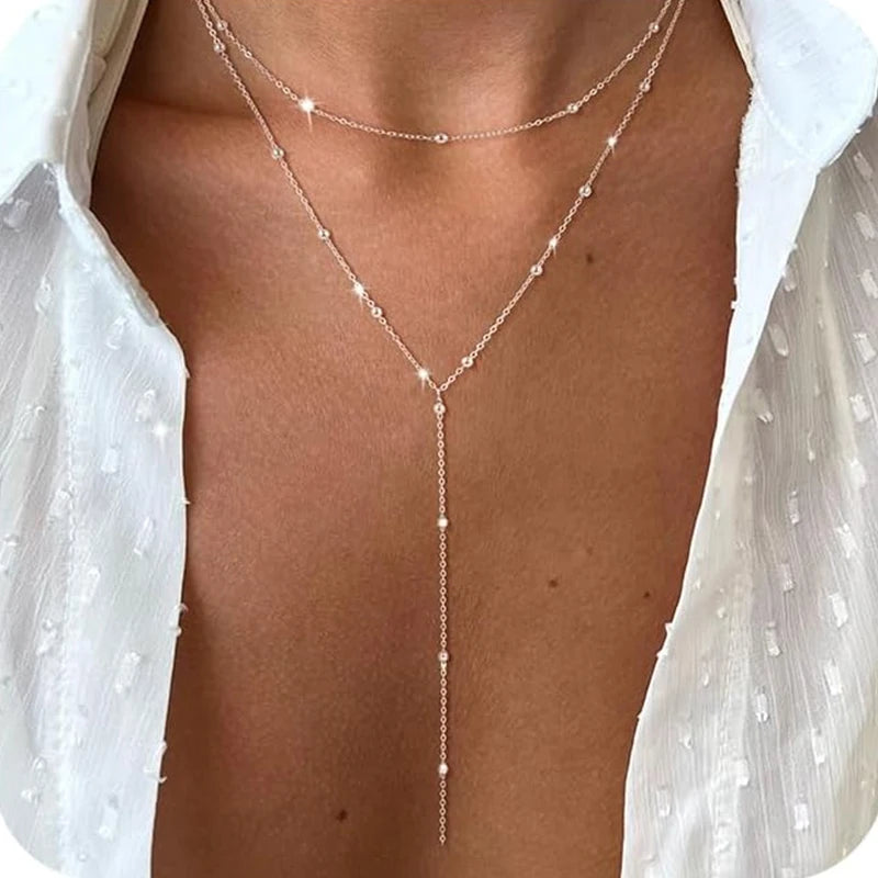 14K Gold Plated Stainless Steel Y-Shaped CZ Necklace