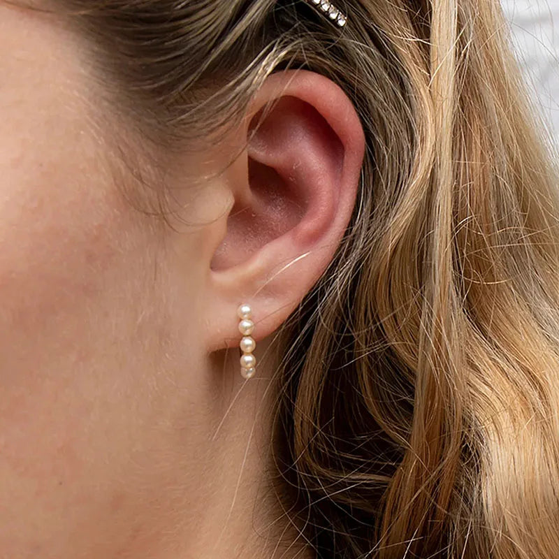 925 Silver Needle Pearl Huggie Hoop Earrings