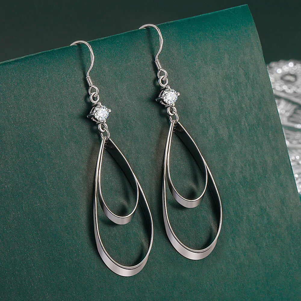 Exquisite 925 Sterling Silver Double Teardrop Earrings