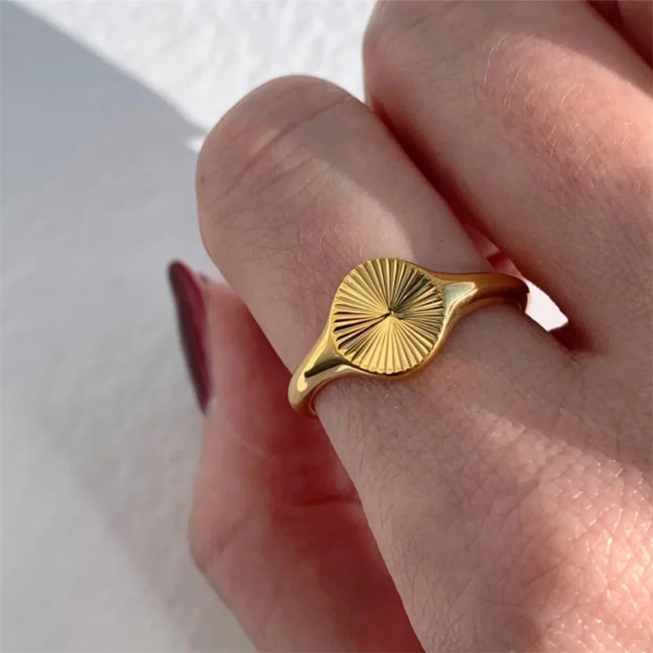 Chunky Dome Rays Texture Stainless Steel Signet Ring