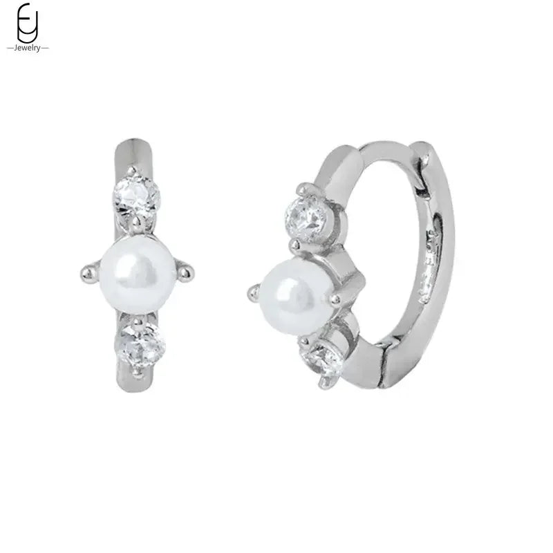 925 Silver Needle Pearl Huggie Hoop Earrings