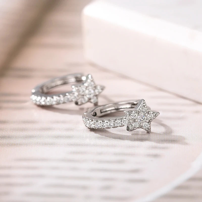 Dazzling CZ Star Charm Silver-Tone Hoop Earrings