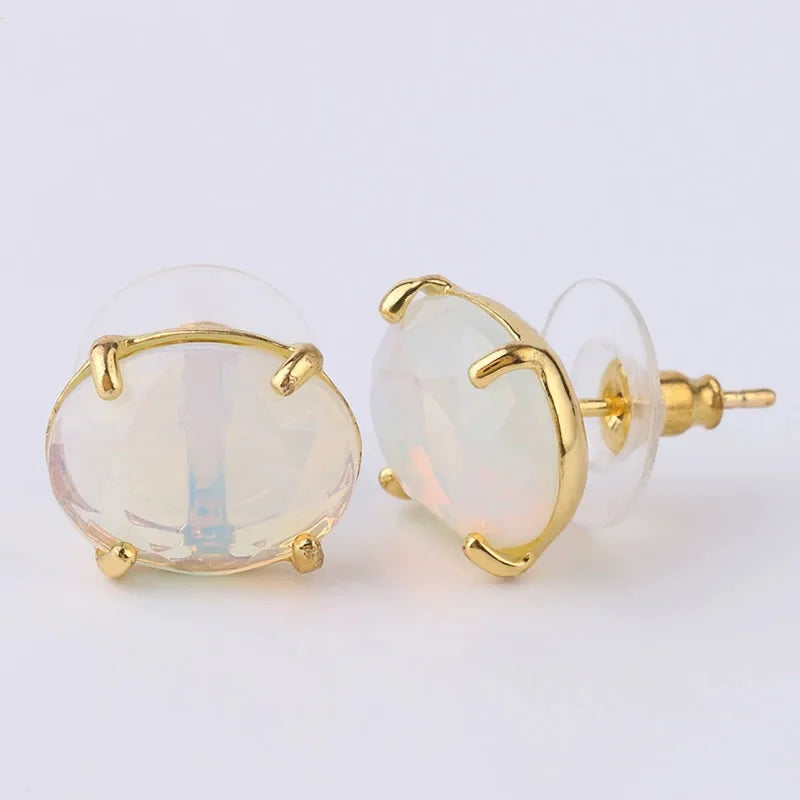 Gold Oval Faceted Natural Stone Stud Earrings